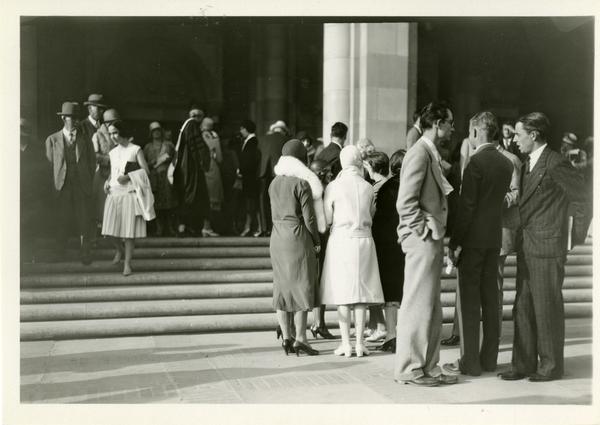 Guests of the dedication of the Westwood campus standing on the steps of Royce Hall, March 1930