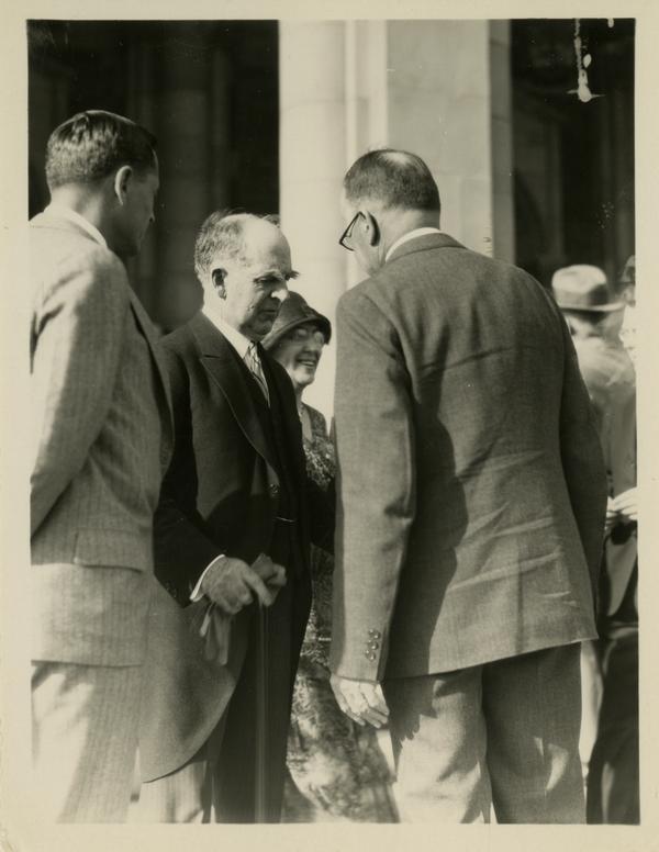 UC President William Wallace Campbell, Provost Ernest Carroll Moore, and unidentified man on the steps of Royce Hall at the dedication of the Westwood campus, March 1930