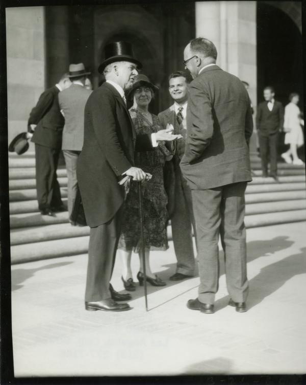 UC President William Wallace Campbell talks with others at the dedication of the Westwood campus, March 26, 1930