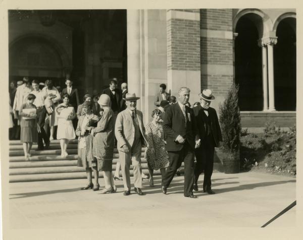 Guests exiting Royce Hall at the dedication of the Westwood campus, March 1930