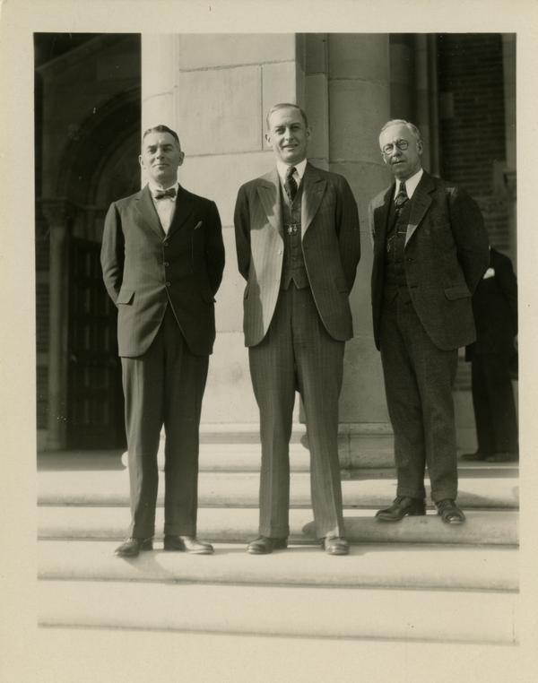 Dean Blythe Webster, Robert G. Sproul, and Regent John R. Haynes on the steps of Royce Hall at the dedication of the Westwood campus, March 1930
