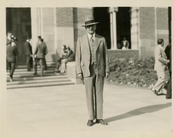 Regent John R. Haynes outside Royce Hall at the dedication of the Westwood campus, March 1930
