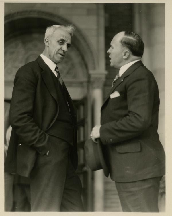 Two guests of the dedication of the Westwood campus talking, March 1930