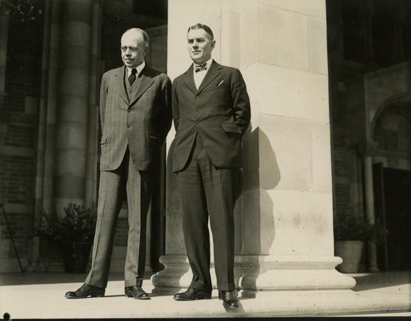 Dean Blythe Webster and an unidentified man on the steps of Royce Hall at the dedication of the Westwood campus, March 1930