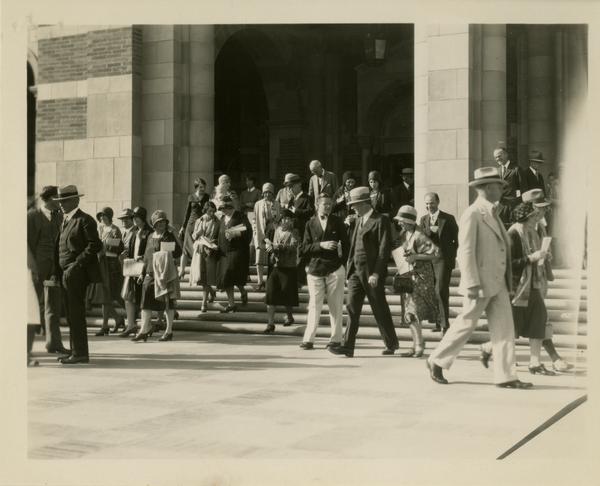 Guests exiting Royce Hall at the dedication of the Westwood campus, March 1930