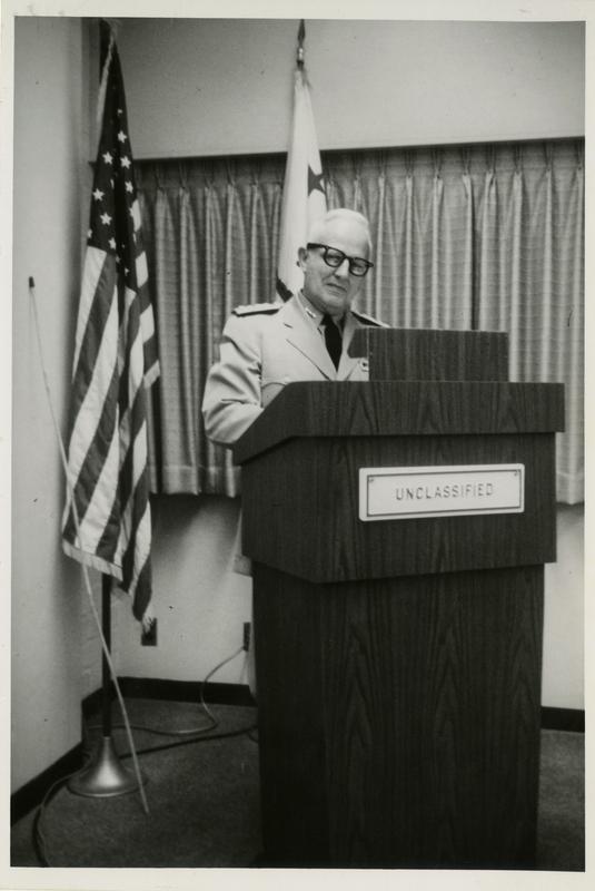 Vice Admiral C. Martel addressing the Defense Science Seminar, ca. 1965