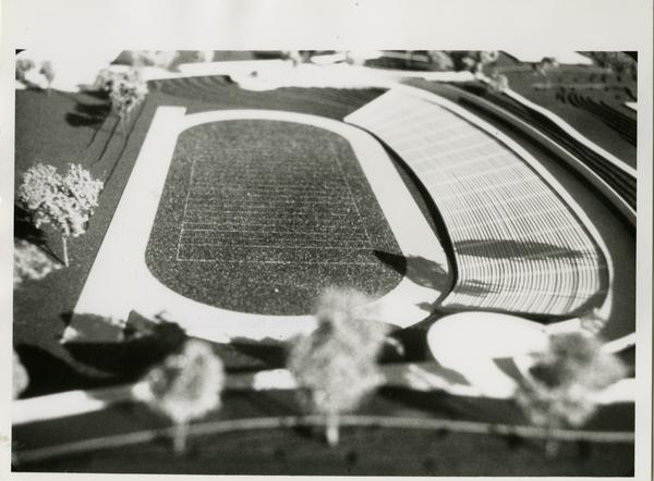 Close-up shot of Drake Stadium architectual model