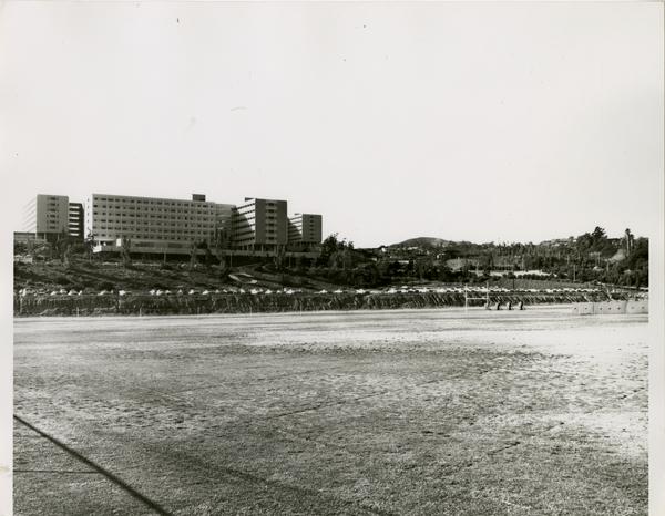 View of Drake stadium from field, looking towards campus dorms