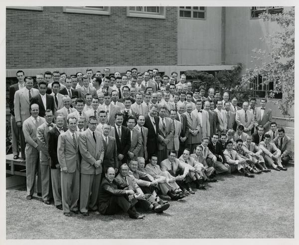 Men, presumably of the engineering department, grouped for a picture