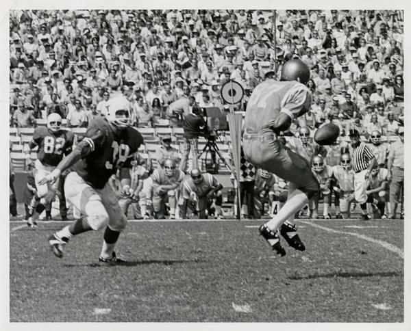 UCLA flankerback Reggie Echols making a leaping catch during a football game, September 18, 1981