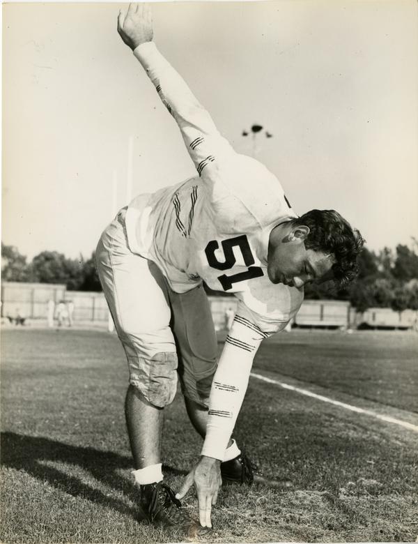 UCLA football player James Millette stretching on the field, 1947