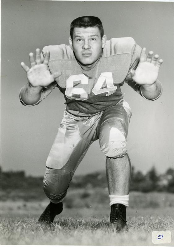 UCLA football player Jim Salsbury on the field, 1953