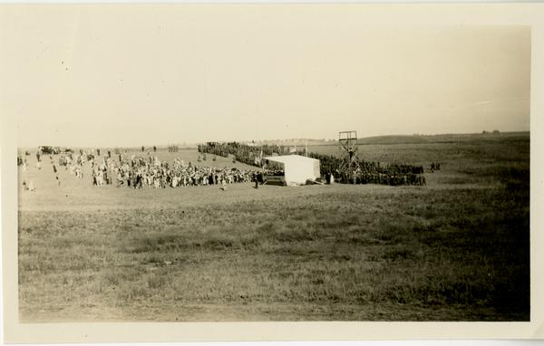 View of stage and crowd attending dedication of new campus, October 1926
