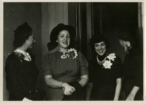 Candid photograph of Mrs. Herald Jepson, Mrs. Thomas Manwarring, and Miss Ann Sumner at a Gold Shield Alumnae of UCLA event, November, 1937