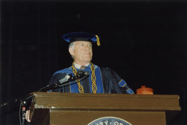 Close up of speaker at PhD Hooding Ceremony, June 1988