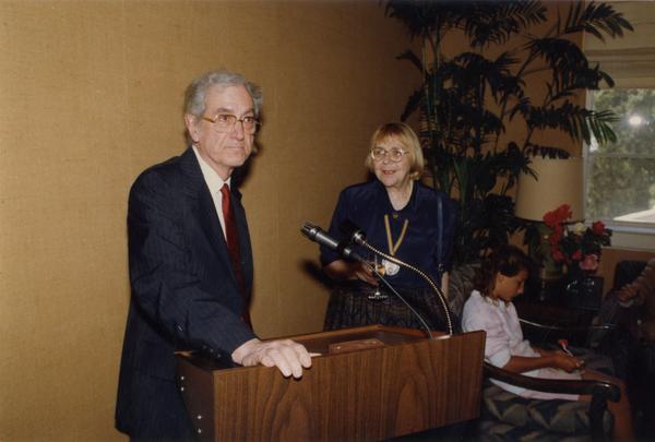 Ruseell O'Neill and Victoria Fromkin at podium at Robing Reception, June 1988