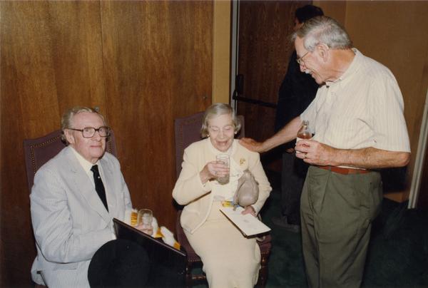 Gardner Miller and Robert Vosper with unidentified woman at Emeriti Reception, June 1988