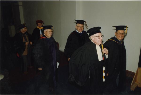 Joseph Gengerelli, JAC Grant, Gardner Miller and others walk in to PhD Hooding Ceremony, June 1988