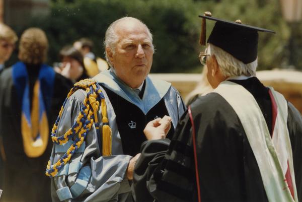 Norman Miller speaks to unidentified man during Robing Reception, June 1988