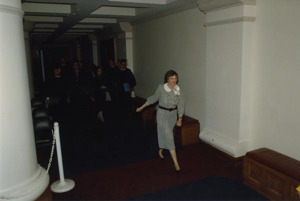 Beverly Liss leading Faculty in line for PhD Hooding Ceremony, June 1988