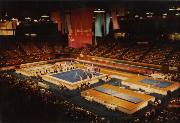 Overview of gymnastics competition floor for McDonald's Invitational