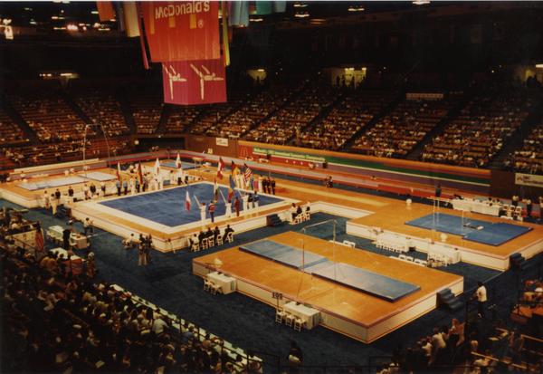 Overview of gymnastics competition floor for McDonald's Invitational