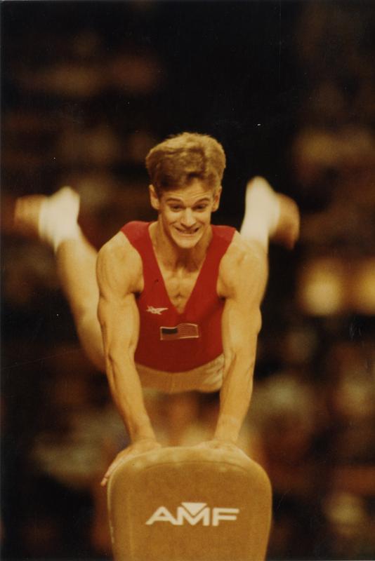 UCLA gymnast Peter Vidmar on pommel horse without handles