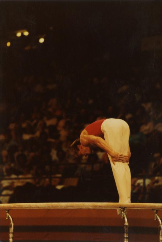 UCLA gymnast Peter Vidmar on parallel bars