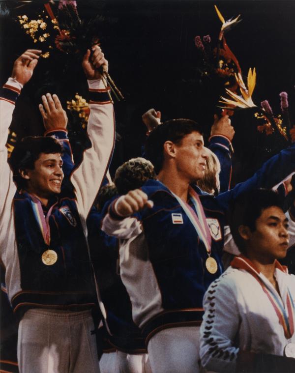 UCLA gymnast gold medal winners Mitch Gaylord and Tim Daggett at 1984 Olympic competition