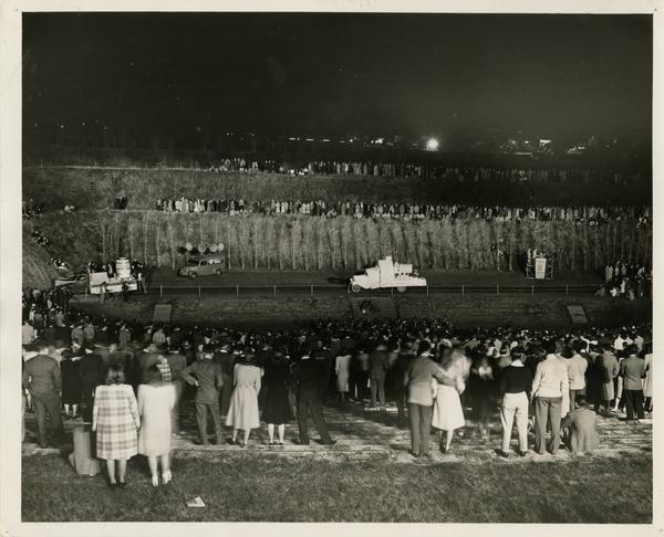 Students gathering for Homecoming celebration in Greek Theatre, 1941