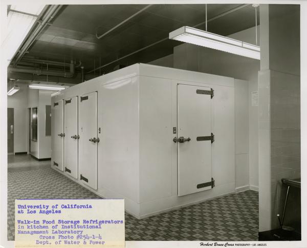 View of walk-in refrigerators in Instituional Management Lab