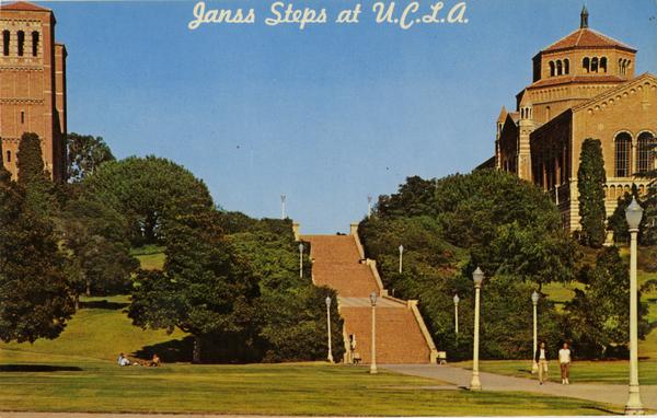 Post card with view of Janss Steps, Royce Hall, and Powell Library, ca. 1960
