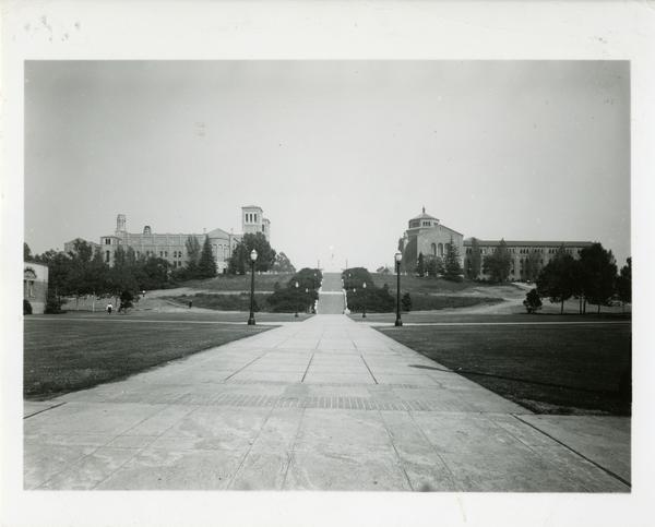 View of Janss Steps, Royce Hall, and Powell Library