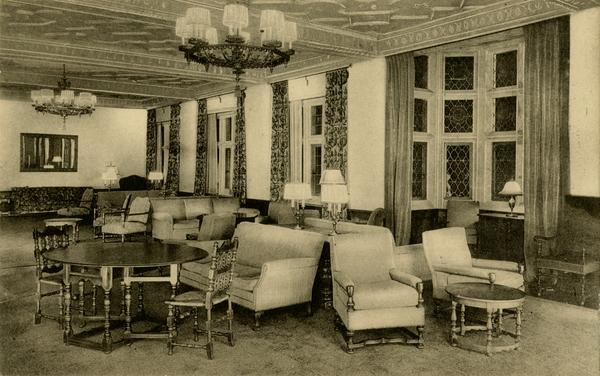 Postcard showing Women's Club Room in Kerckhoff Hall