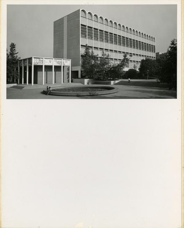 View of Knudsen Hall and the inverted fountain, July 1973