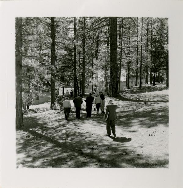 Group walks through trees at Lake Arrowhead Lodge grounds, March 1959