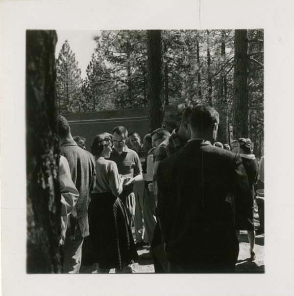 Event attendees gather outside for a coffee break at Lake Arrowhead Lodge, March 1959