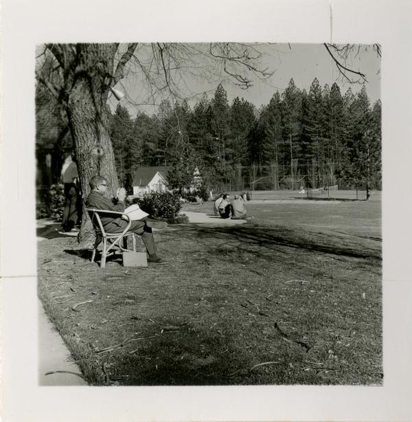 Event attendees spending time out on the grounds of Lake Arrowhead Lodge, March 1959