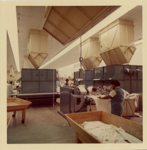 Employee working with the laundry in the UCLA Laundry Facility