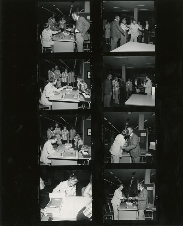 Contact sheet of images from the day the first library card was issued, June 6, 1977
