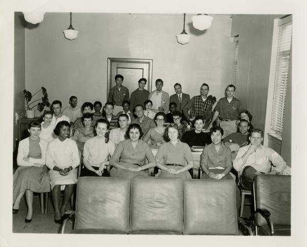 Portrait of Library circulation staff, ca. 1958