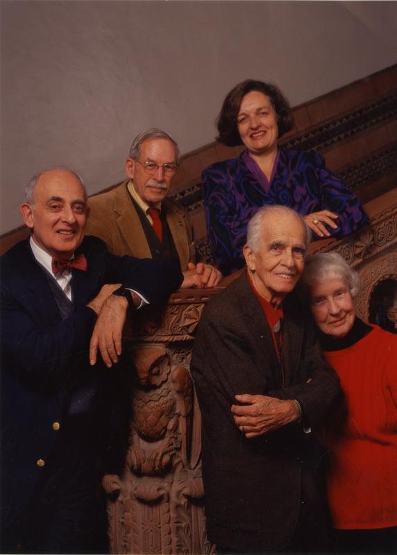 University Librarians posing at Powell Library central staircase: Gloria Werner, Bob Vosper, Russell Shank, Lawrence Clark Powell, and Page Ackerman, ca. 1989