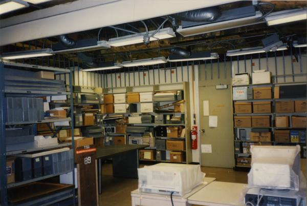 Library Special Collections processing area with interior view of ceiling