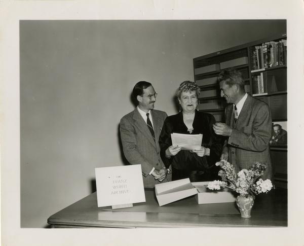 Robert Vosper, Mrs. Franz Werfel, and Gustave O. Arlt meeting in regards to Franz Werfel Archive
