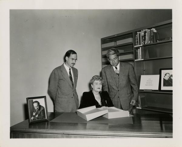 Robert Vosper, Mrs. Franz Werfel, and Gustave O. Arlt meeting in regards to Franz Werfel Archive