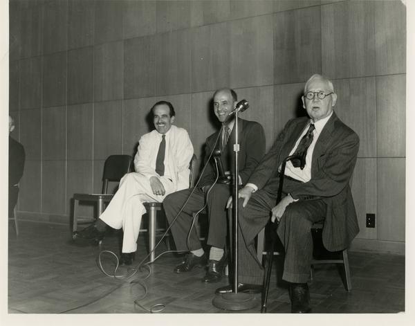 Lawrence Clark Powell, John Caughey, and Henry Wagner at Library Special Collections dedication, July 28, 1950
