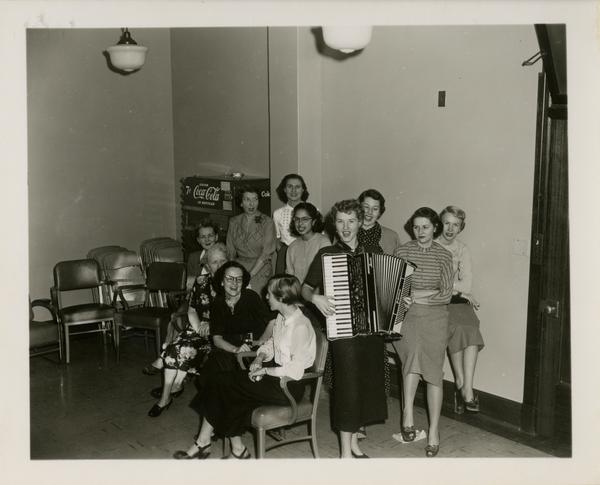 Library staff at Christmas party, 1951