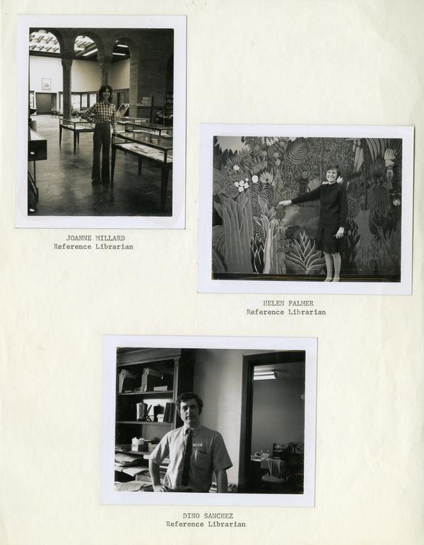Staff portraits of Reference Librarians, Joanne Millard, Helen Palmer, and Dino Sanchez