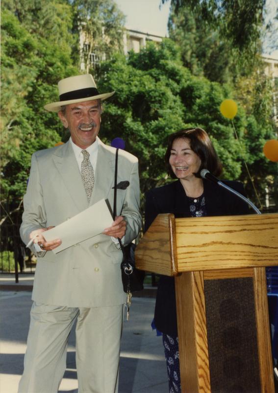 Library staff speaking at retirees party, ca. 1991