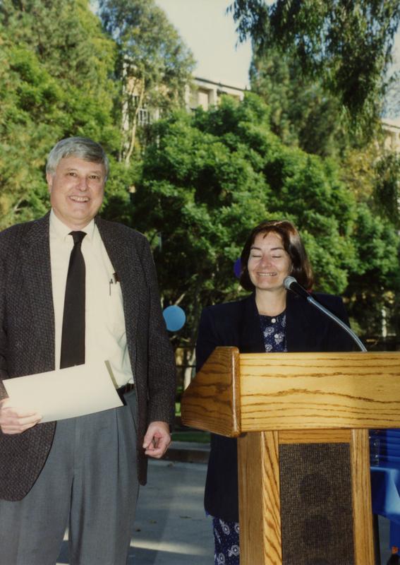 Library staff speaking at retirees party, ca. 1991